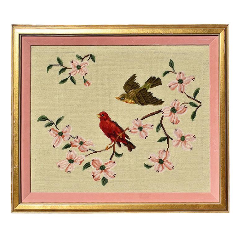 Framed Needlepoint Embroidered Wall Hanging of Pink Birds and Flowers