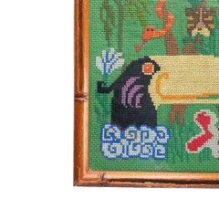 Framed Needlepoint of Jungle and Tucan Bird in Faux Bamboo Frame in Green