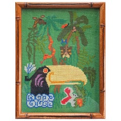 Framed Needlepoint of Jungle and Tucan Bird in Faux Bamboo Frame in Green