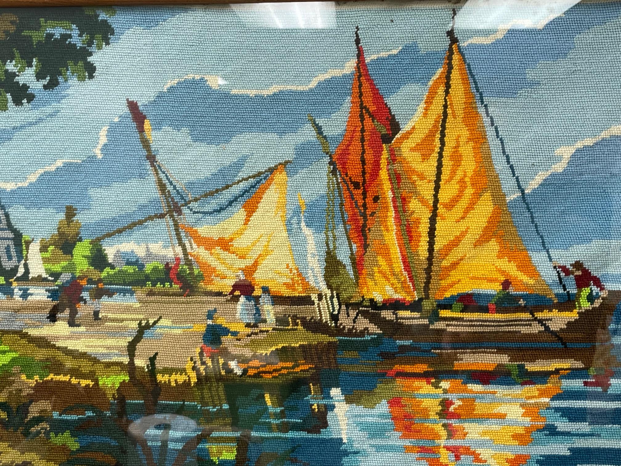 Folk Art Framed Needlepoint Sailboat Ocean Dock Scene For Sale