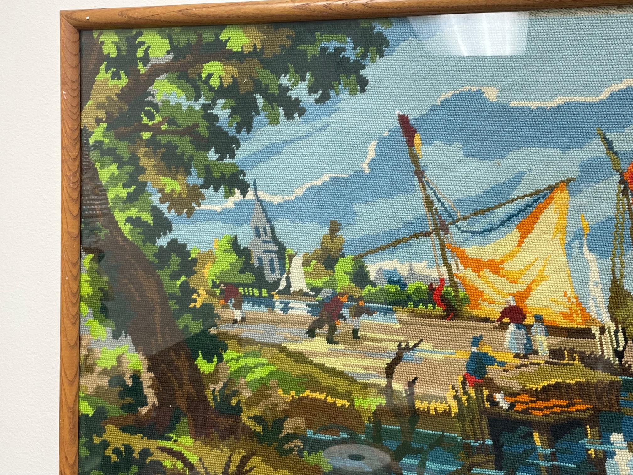 American Classical Framed Needlepoint Chinoiserie Sailboat River Scene For Sale