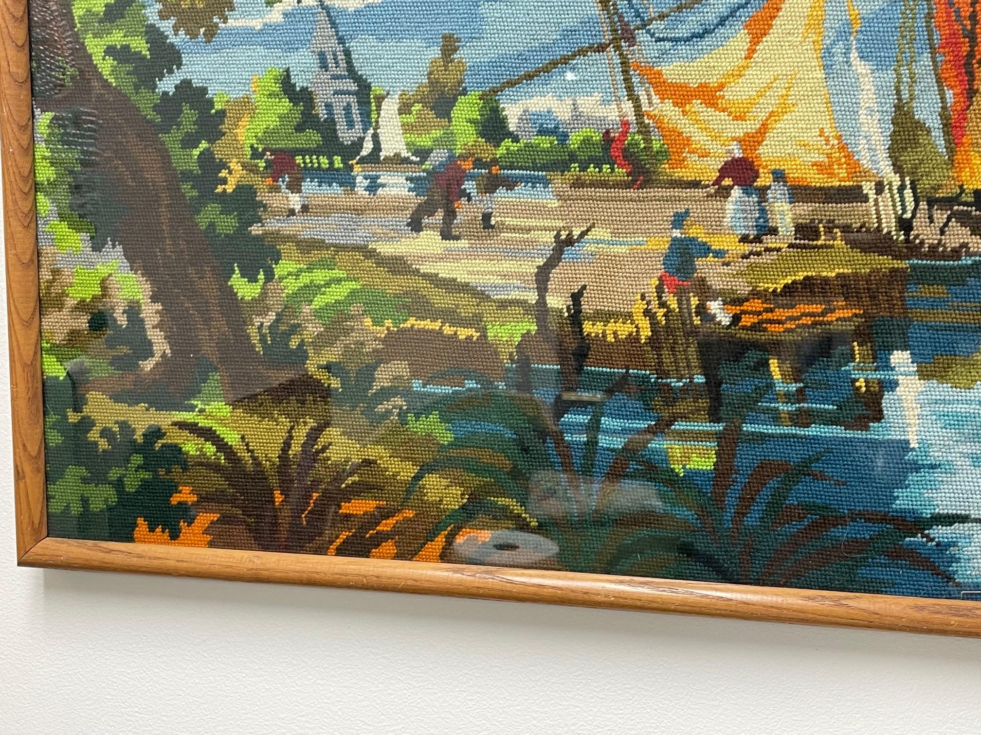 20th Century Framed Needlepoint Chinoiserie Sailboat River Scene For Sale