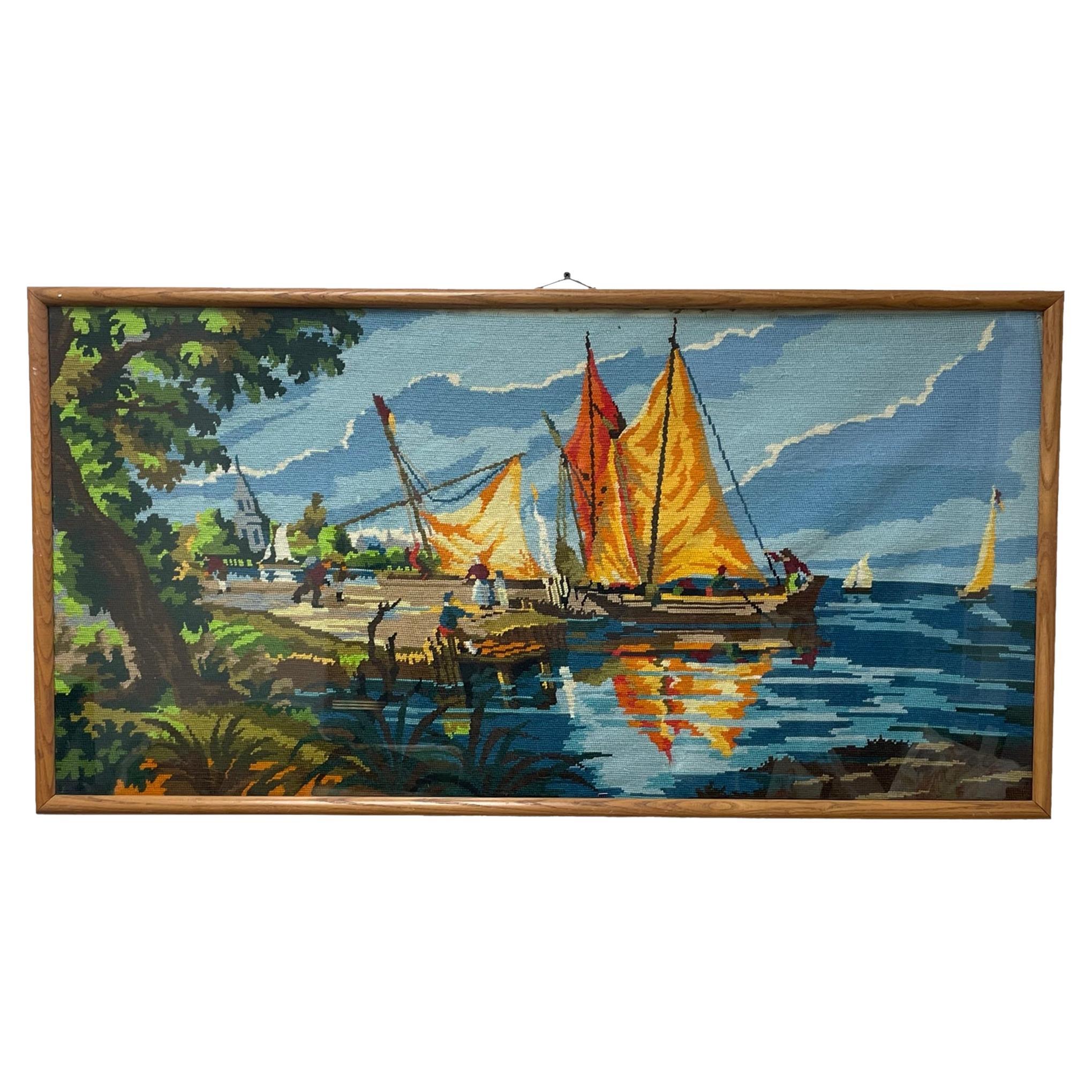 Framed Needlepoint Chinoiserie Sailboat River Scene For Sale