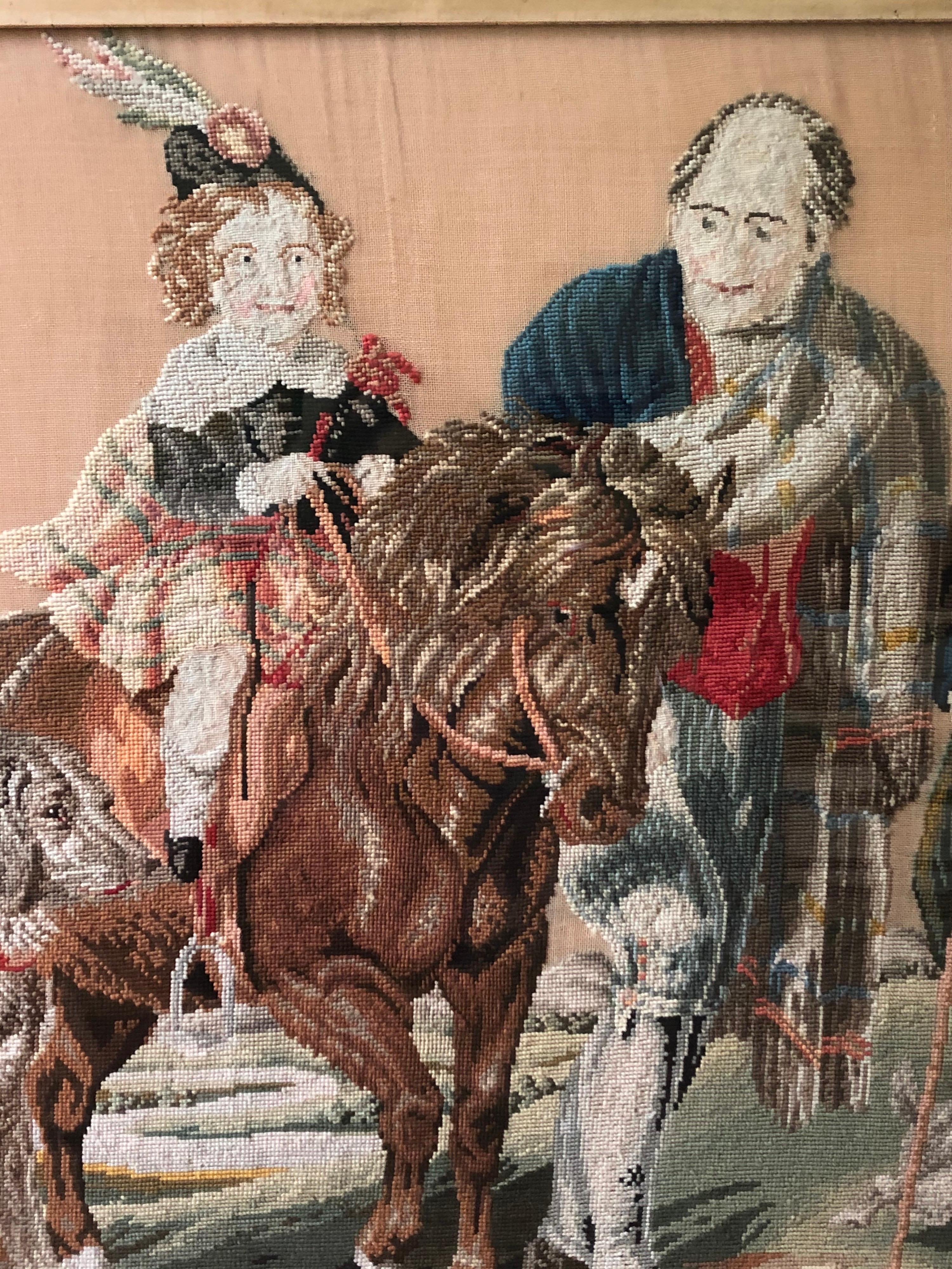 Really chairming! Very large and beautifully framed needlepoint of Prince Albert (the future King Edward VII), an attendant, his pony and pet dogs. In a beautiful, newly restored
and lovely veneered frame. Sight: 26.25