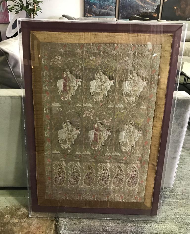 Framed North Indian Rajasthani Handstitched Silk Wedding Tapestry Panel 1