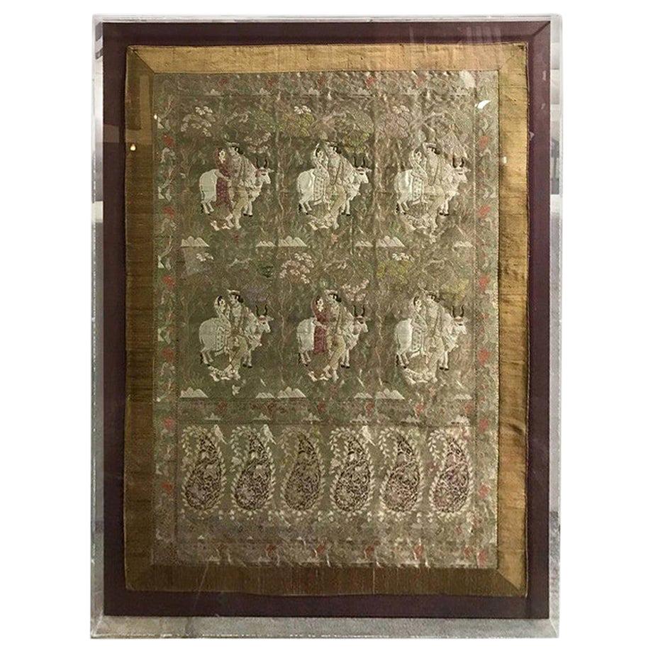 Framed North Indian Rajasthani Handstitched Silk Wedding Tapestry Panel