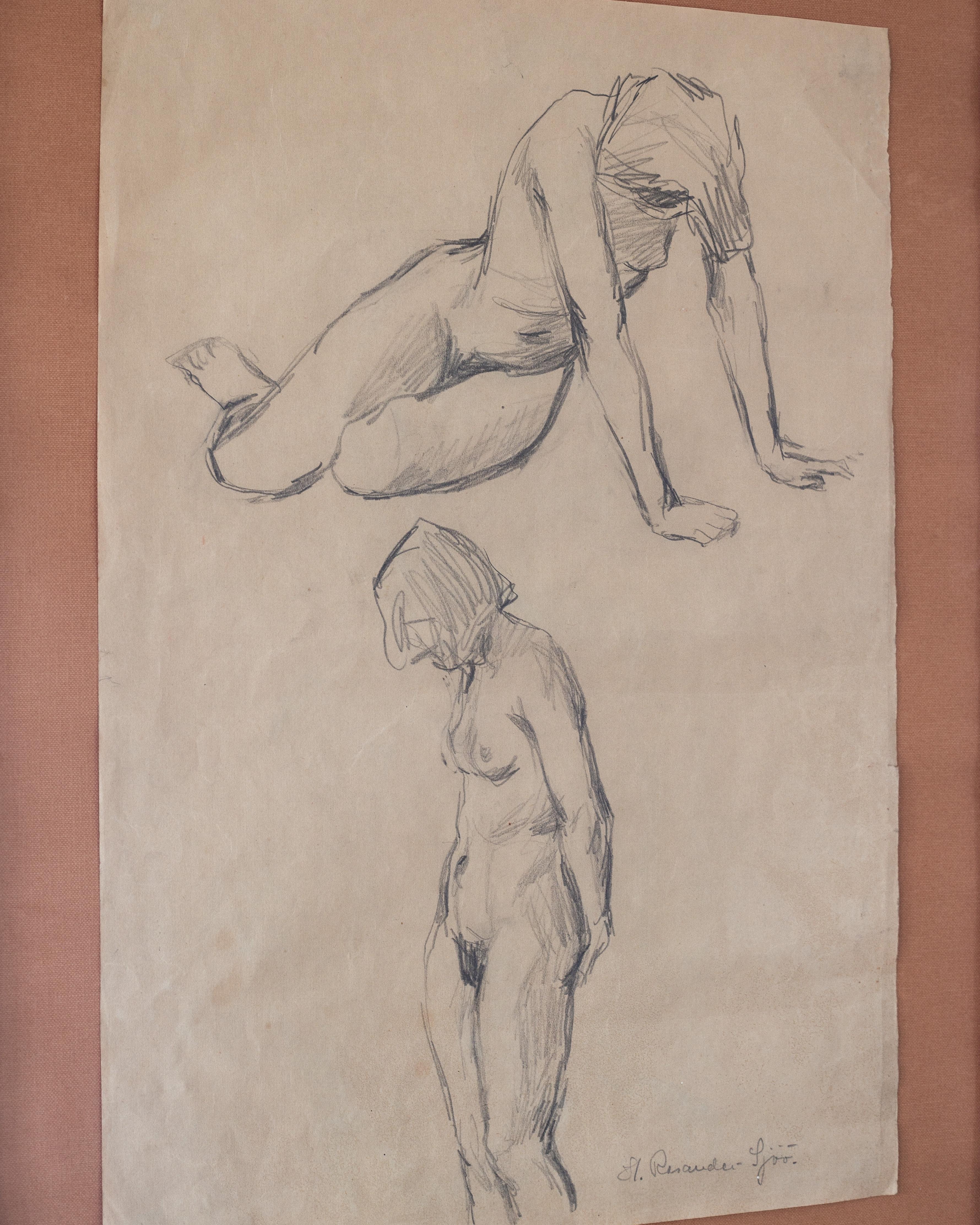 Modern Framed Nude Drawing Study by Harriet Rosander de Tourtchaninoff, 1940s, Sweden For Sale