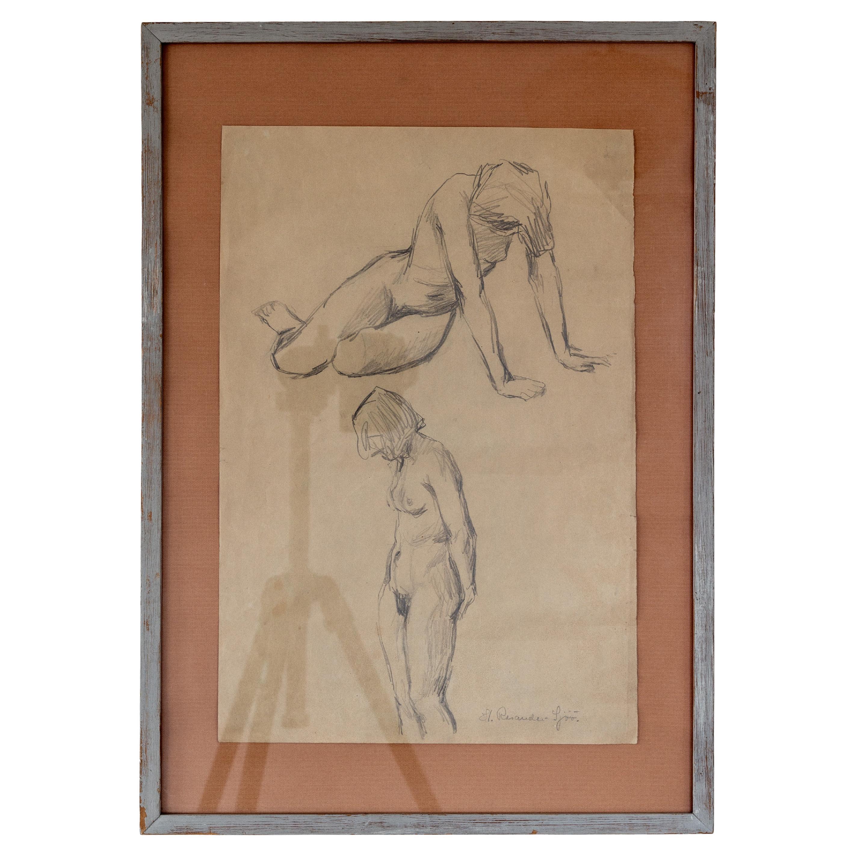 Framed sketch by Swedish artist Harriet Rosander de Tourtchaninoff (1912-1965), likely created in the 1940s. This artwork is a study of the female form, where Rosander de Tourtchaninoff emphasizes expressive gesture and natural curvature over fine