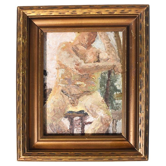 A framed portrait painting of a man in the nude on wood. With wonderful texture, and muted greens, beiges, and browns, this painting will be a fantastic addition to any room. It is created in the impressionist style and painted on wood. It does not