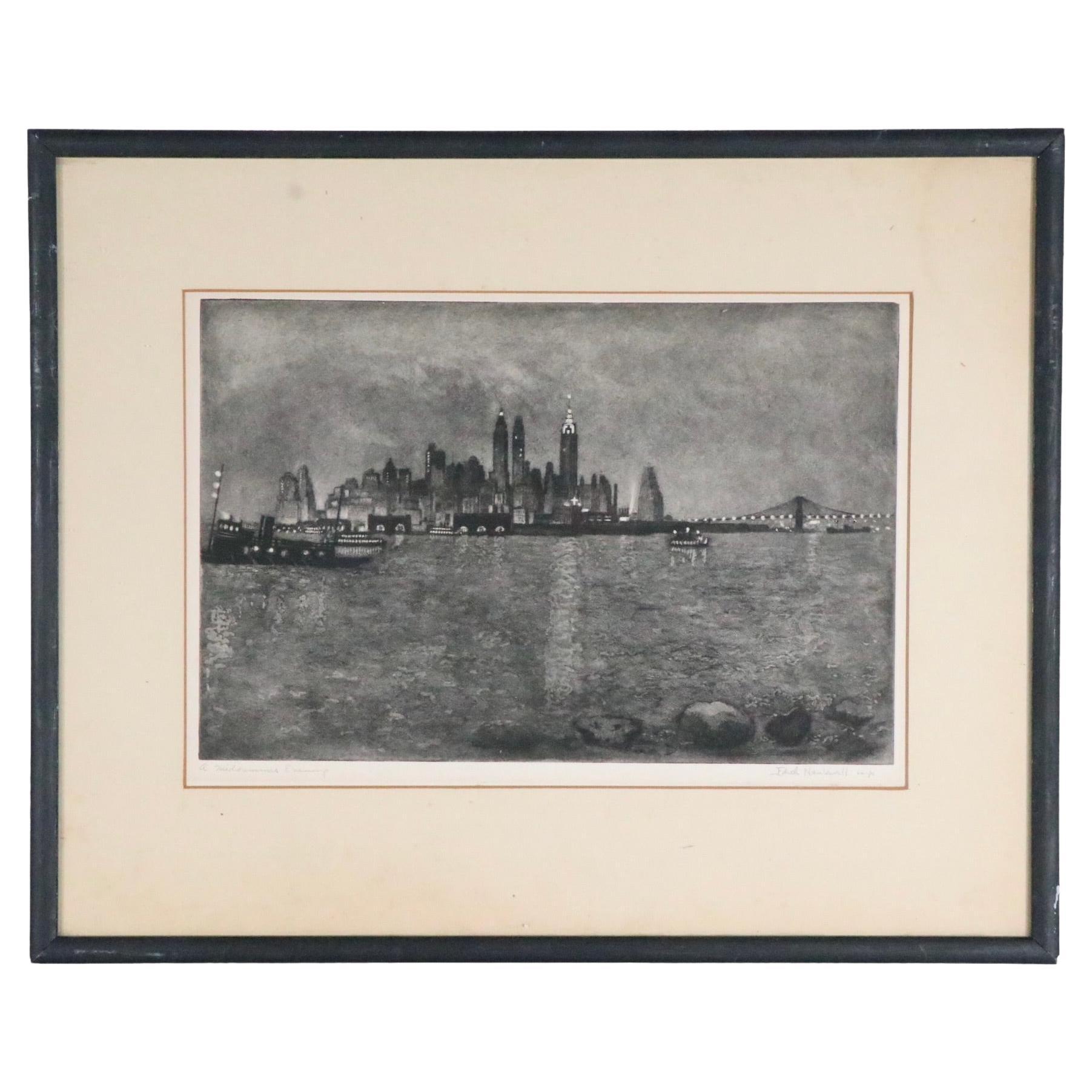 Framed NYC Scene Aquatint Etching by Edith Nankivell Pencil Signed, circa 1930s 