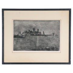 Vintage Framed NYC Scene Aquatint Etching by Edith Nankivell Pencil Signed, circa 1930s