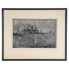 Vintage Framed NYC Scene Aquatint Etching by Edith Nankivell Pencil Signed, circa 1930s 