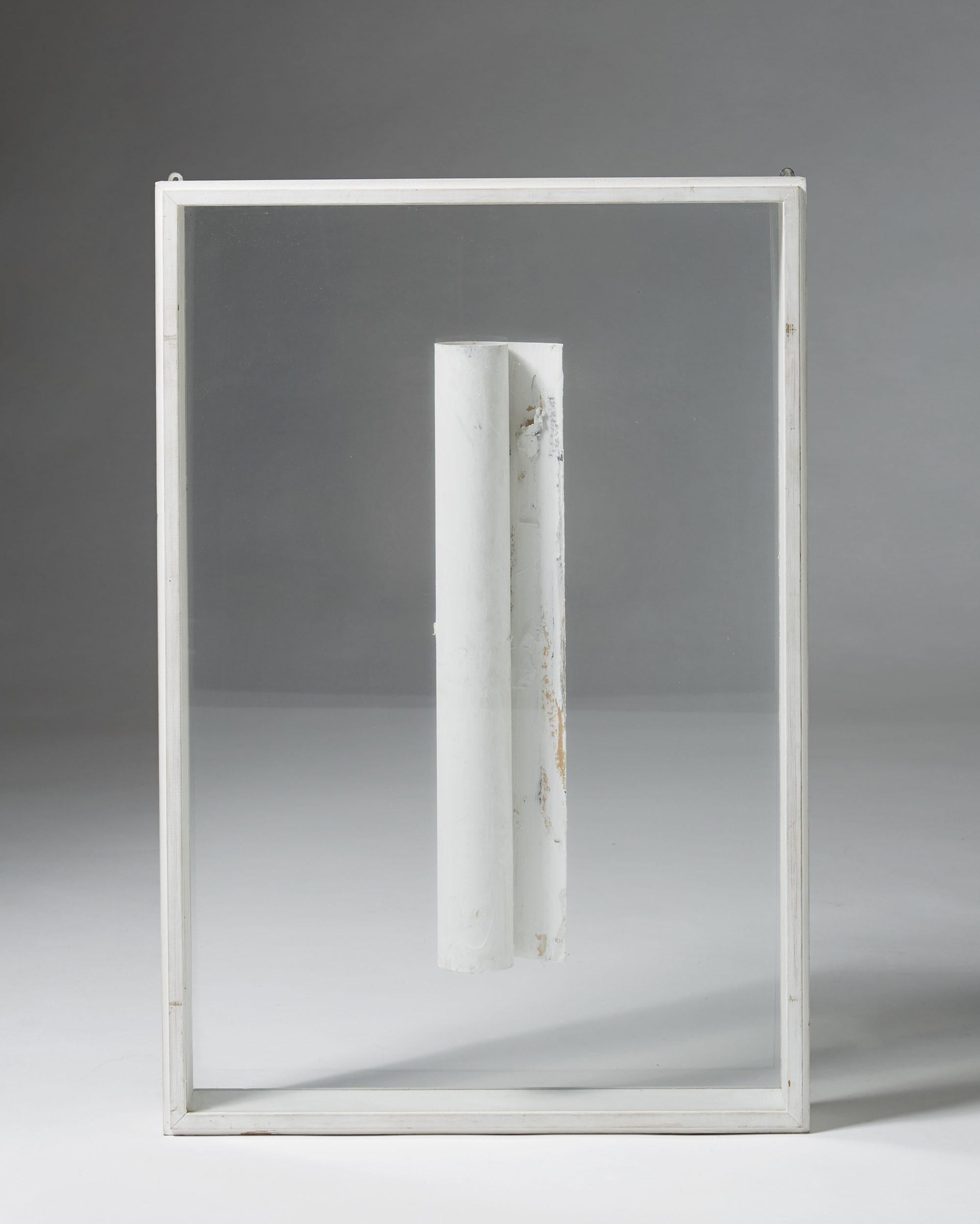 Framed object by Rune Hagberg, Sweden, 1970s.

Mixed-media.

Measurements: 
H: 77 cm/ 2' 6 ¾”
W: 52 cm/ 20 ½”
D: 8 cm/ 3 3/8”.

Born in Uppsala, Sweden, Hagberg became heavily influenced by Eastern calligraphy throughout his life – and developed a