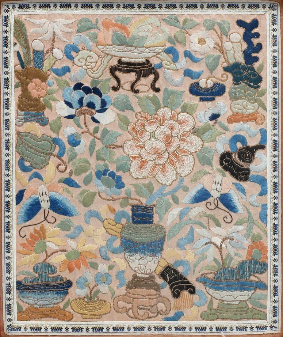 A gorgeous Chinese silk embroidery panel circa 19th century late Qing dynasty beautifully displayed in giltwood frames with mirror border and fabric accents. The embroidery work was done with tremendous skill and possibly from a studio contracted by