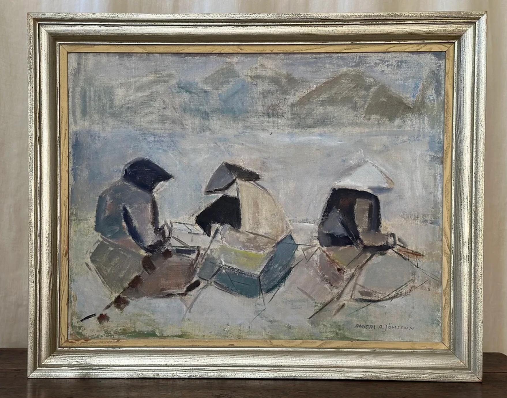 Paint Framed Oil Landscape Of Working Women By Anders Jönsson, Signed. For Sale