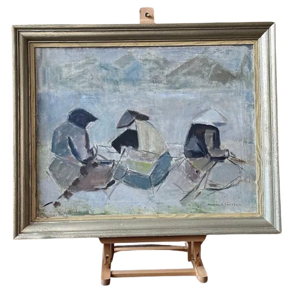 Framed Oil Landscape Of Working Women By Anders Jönsson, Signed. For Sale