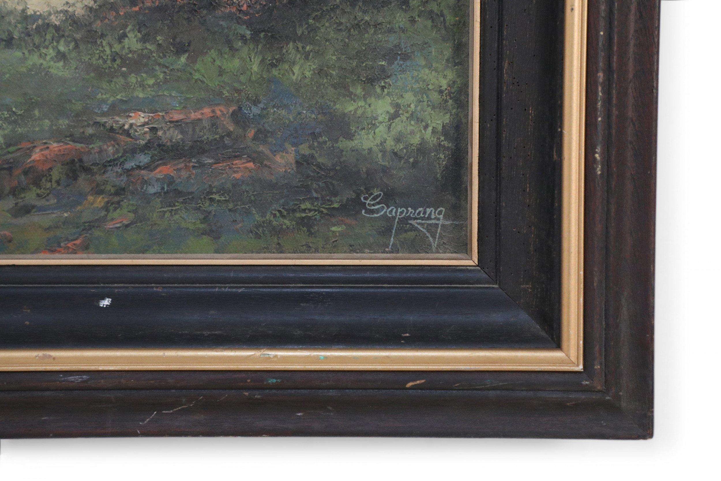 Quadro paesaggistico a olio incorniciato con un sentiero nella foresta e montagne lontane in vendita 2