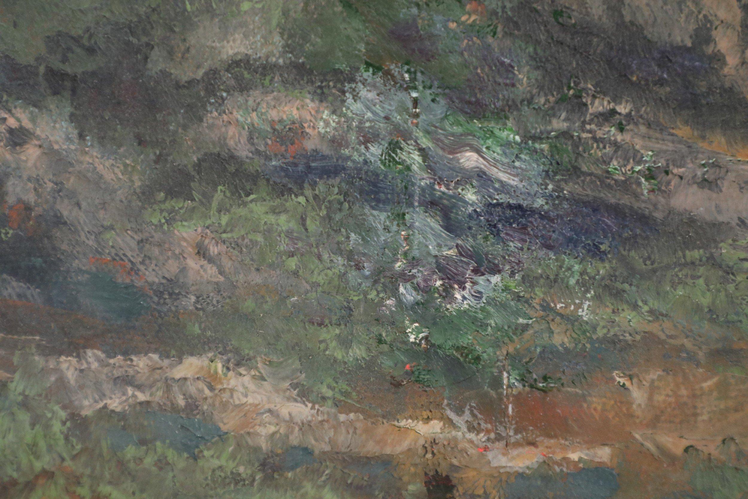 Quadro paesaggistico a olio incorniciato con un sentiero nella foresta e montagne lontane in vendita 7