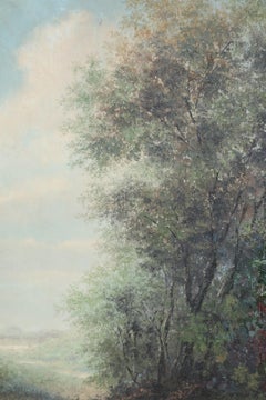 Framed Oil Landscape Painting of a Forest Path and Distant Mountains