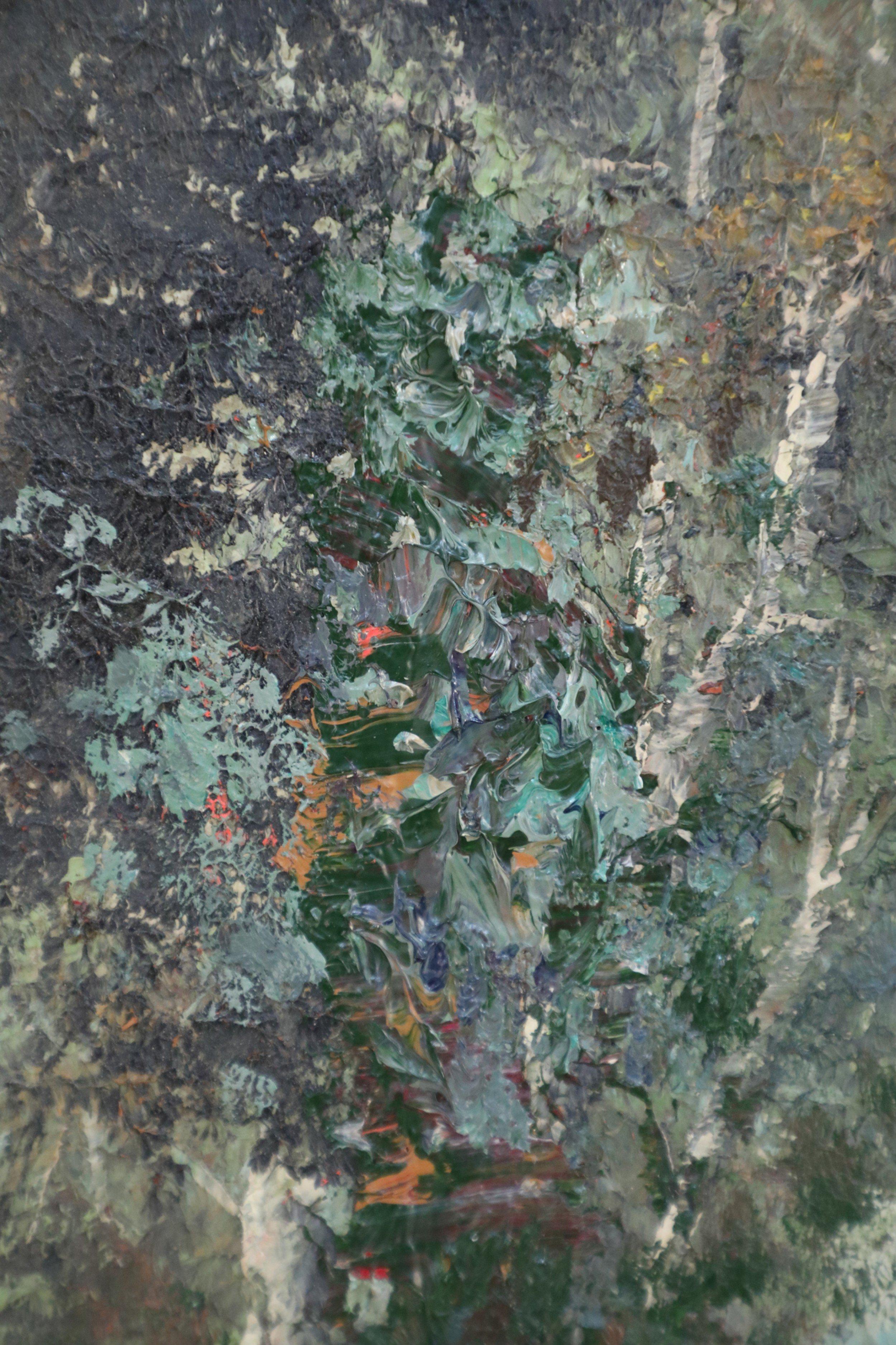 Mid-Century moderno Quadro paesaggistico a olio incorniciato con un sentiero nella foresta e montagne lontane in vendita