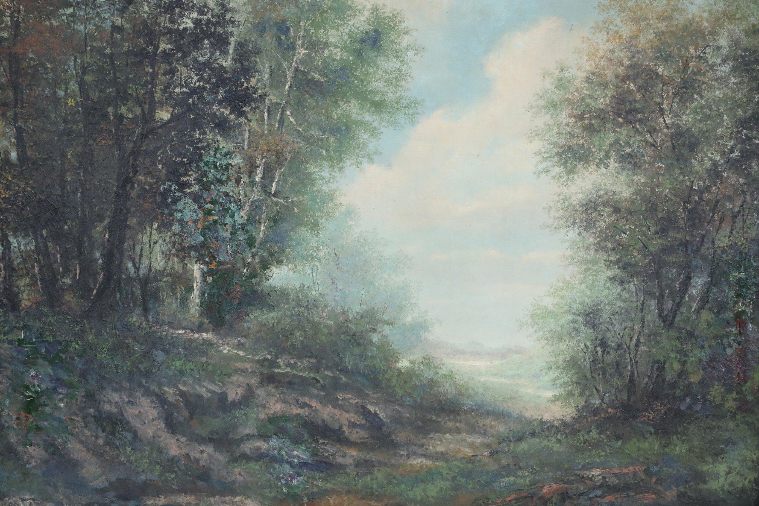 Quadro paesaggistico a olio incorniciato con un sentiero nella foresta e montagne lontane In condizioni buone in vendita a Queens, NY