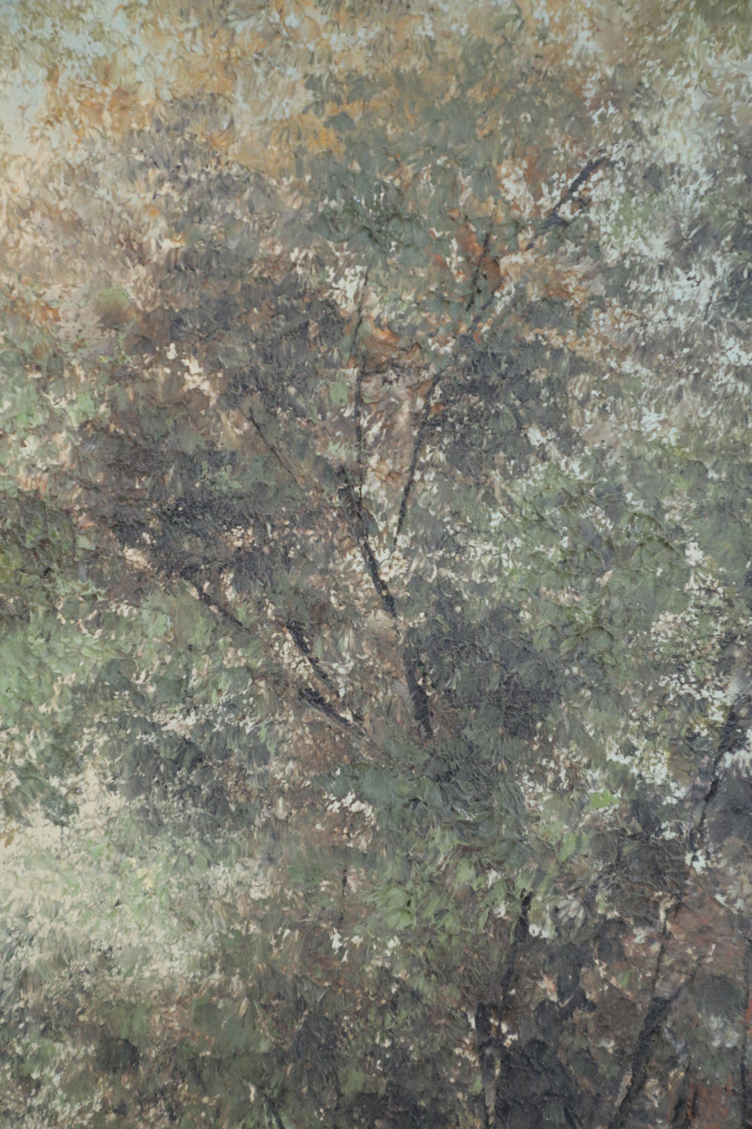 XX secolo Quadro paesaggistico a olio incorniciato con un sentiero nella foresta e montagne lontane in vendita