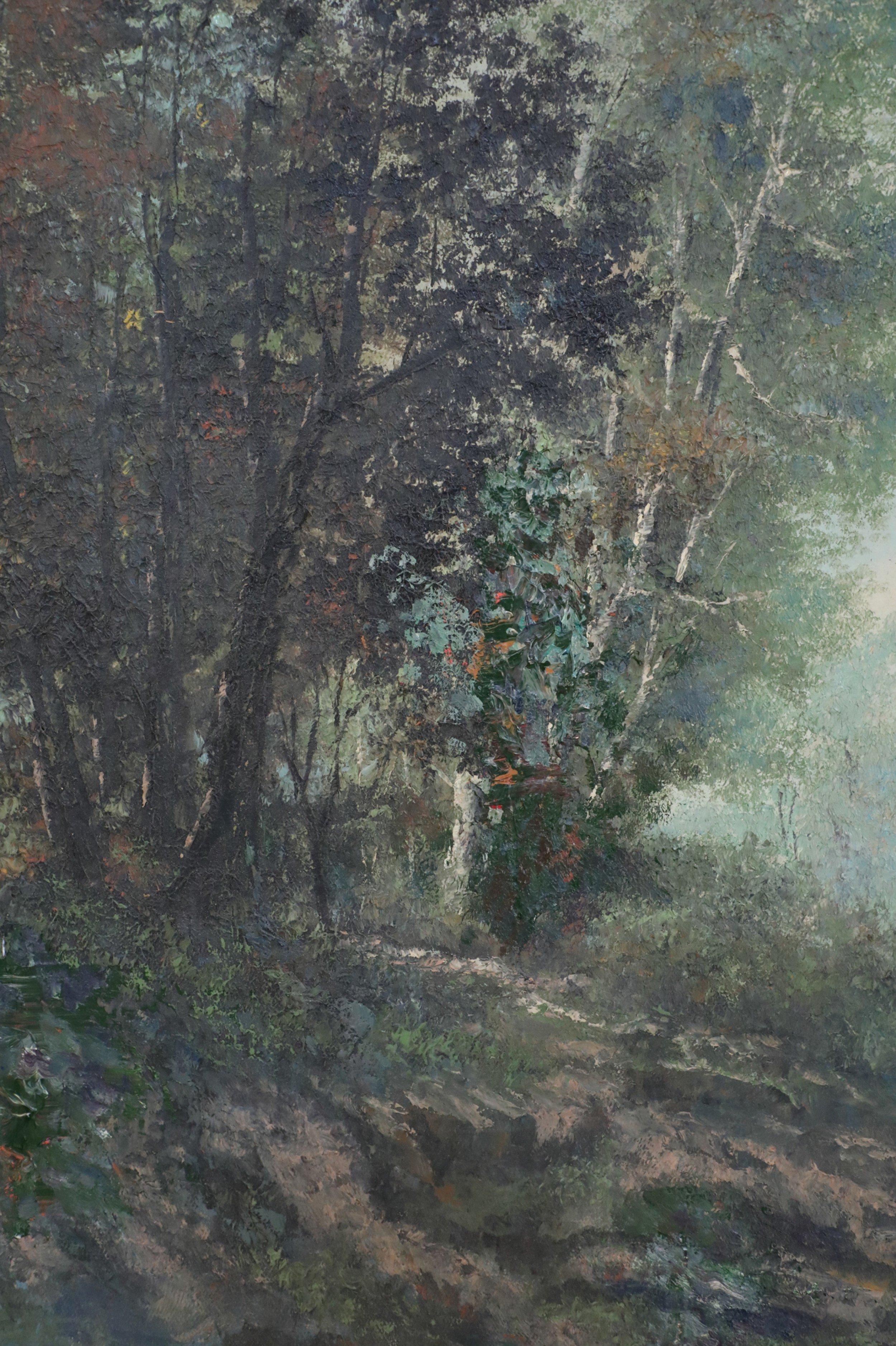 Legno Quadro paesaggistico a olio incorniciato con un sentiero nella foresta e montagne lontane in vendita