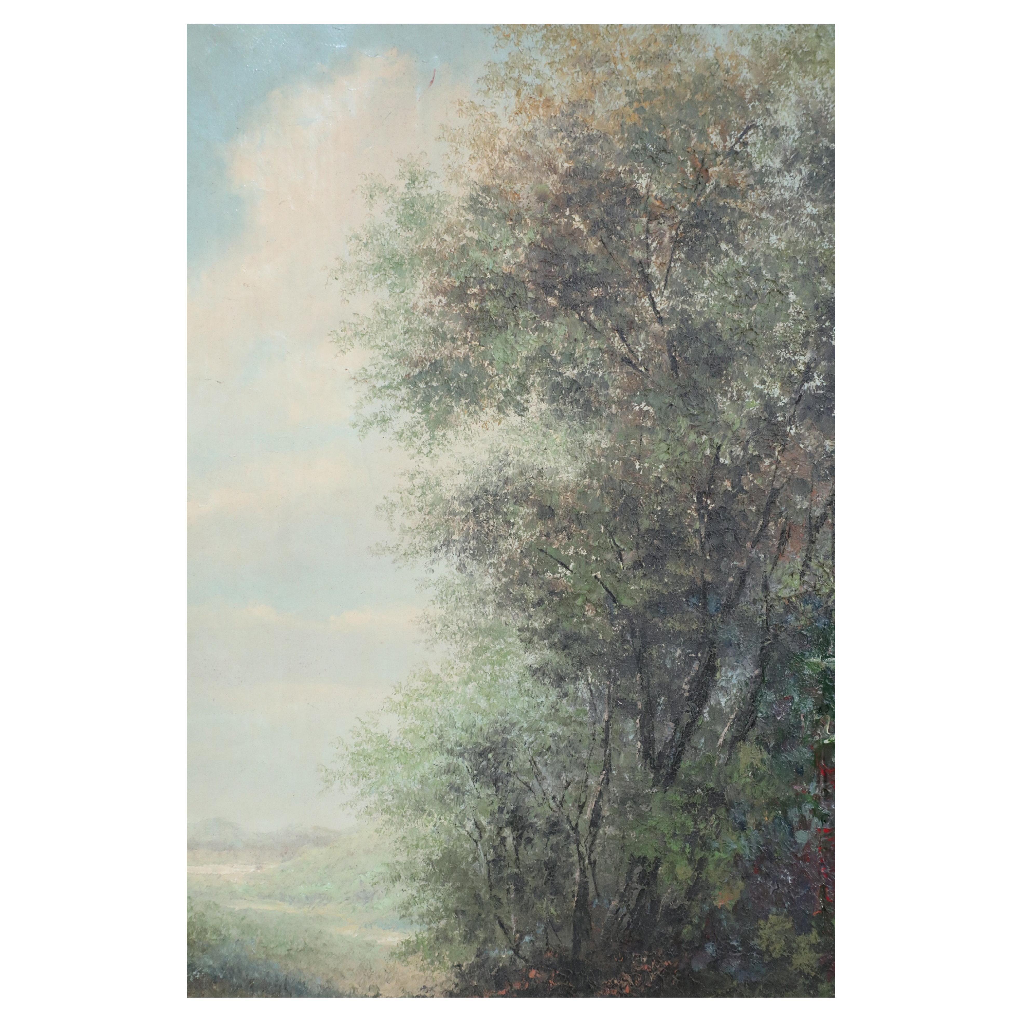Mid-century oil on canvas landscape painting depicting a path through a forest leading to an open field with mountains in the far distance in a black and gold beveled rectangular wooden frame. (signed, COL N SAPRANG, Thailand).
      
