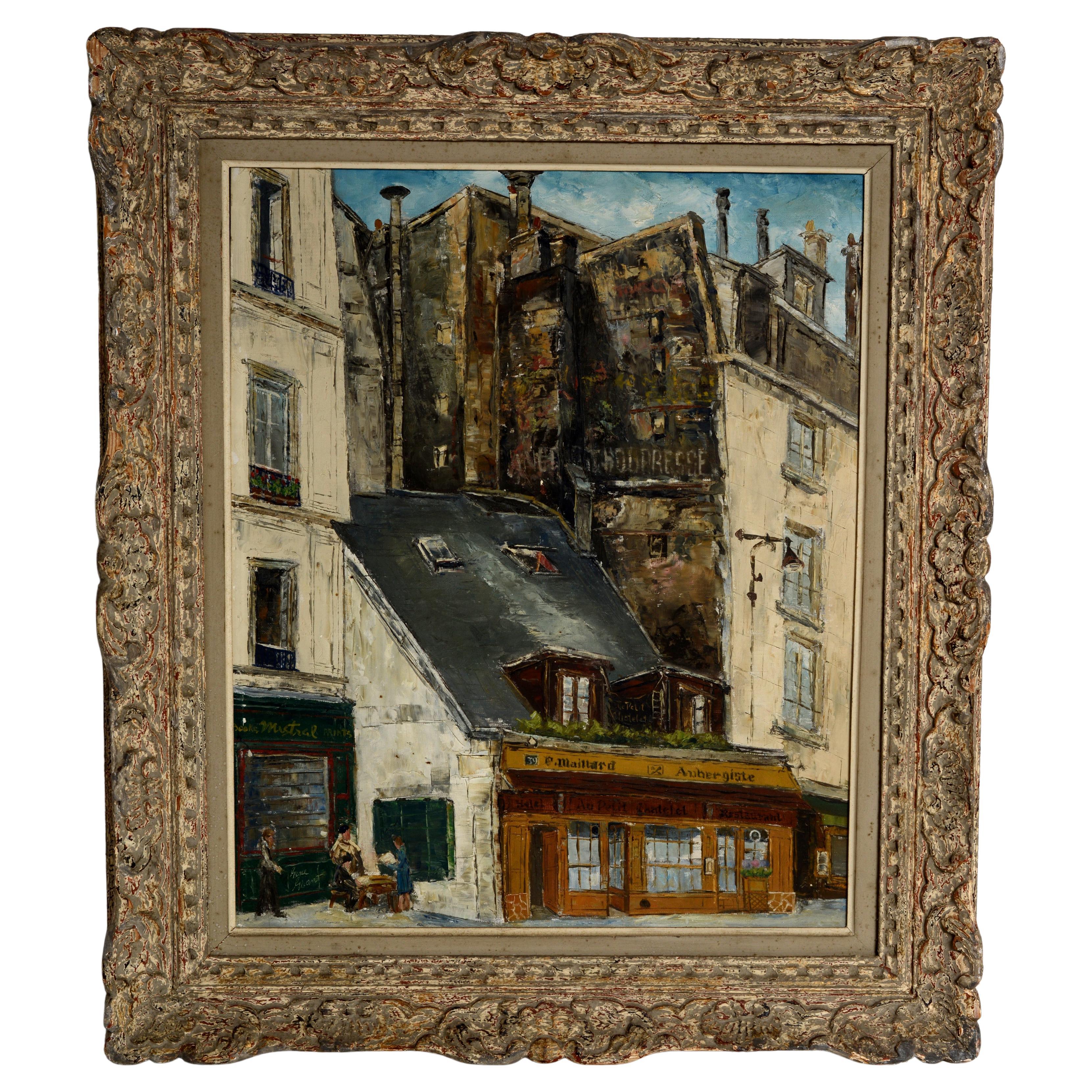 Framed Oil on Artist Board Signed Gene Grant, A Street Scene in Montmarte For Sale