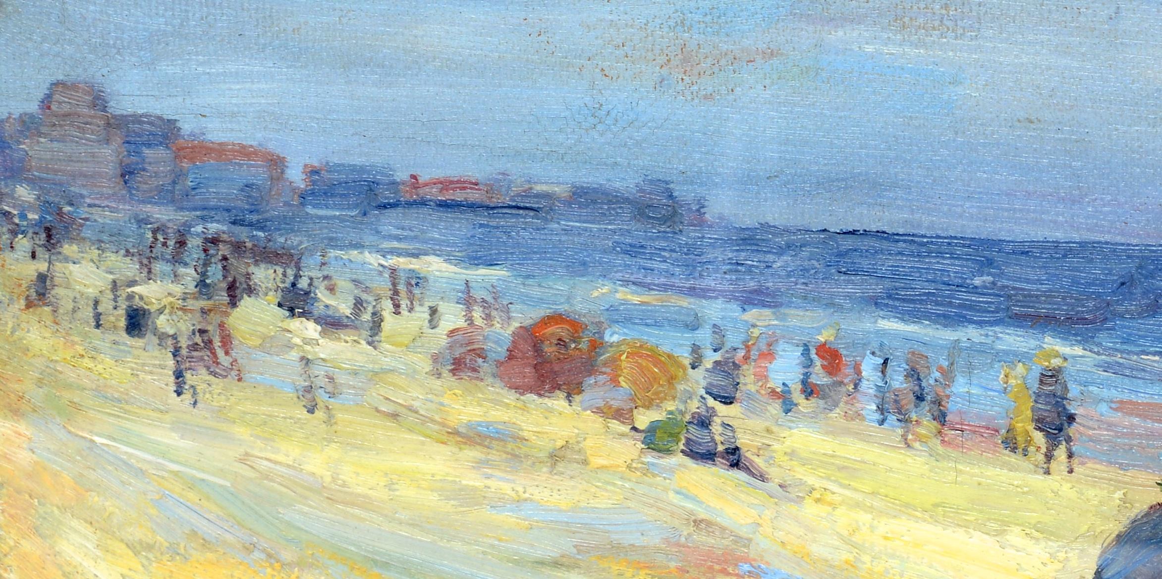 Gerahmtes Ölgemälde auf Leinwand, „A Day at the Beach“ von Elisabeth R Fulda, NY, 1879-1968 (Arts and Crafts) im Angebot