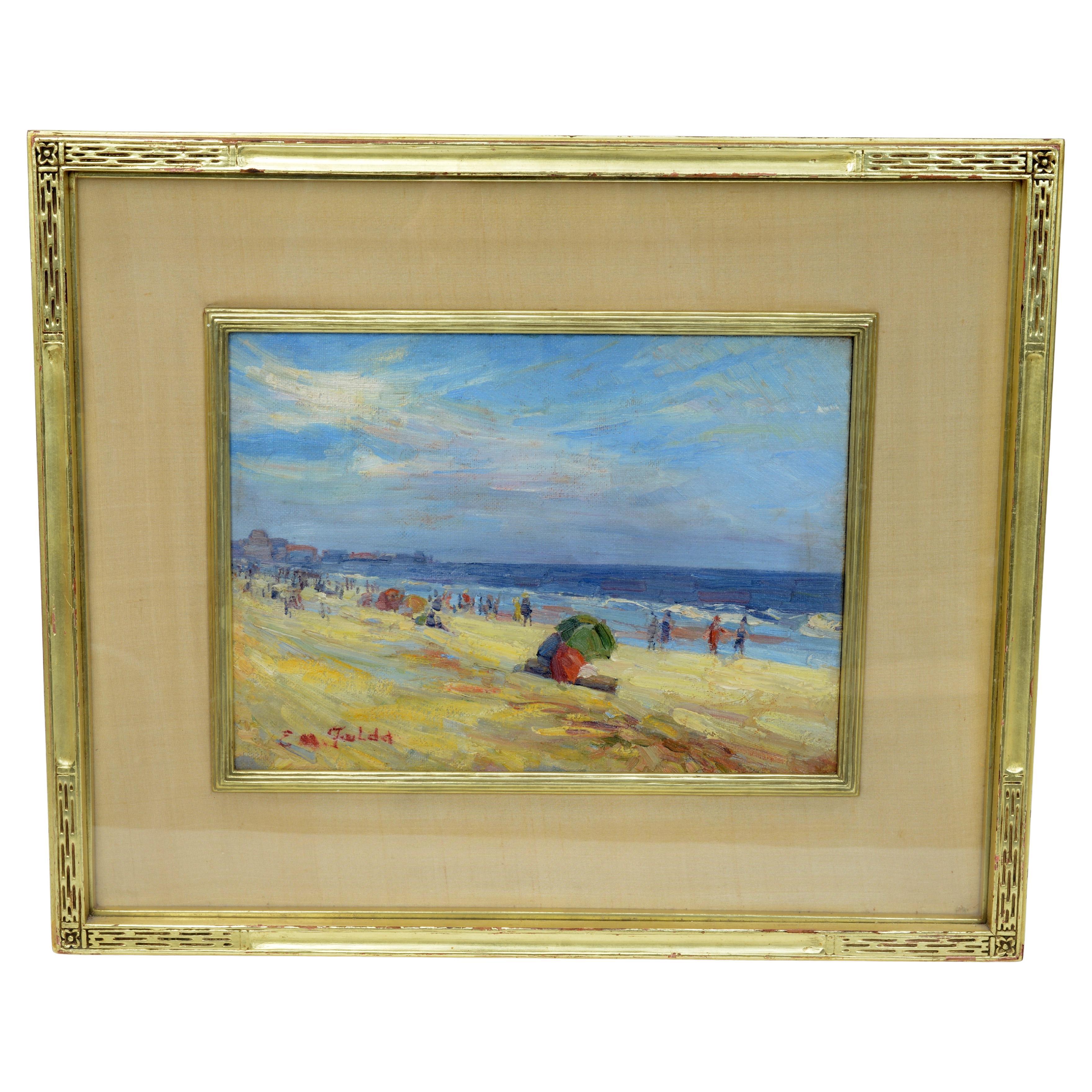 Óleo sobre lienzo enmarcado, "Un día en la playa" de Elisabeth R Fulda, NY, 1879-1968