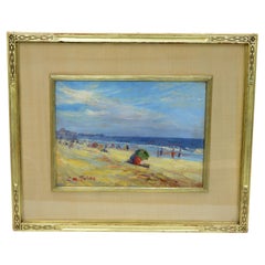 Óleo sobre lienzo enmarcado, "Un día en la playa" de Elisabeth R Fulda, NY, 1879-1968