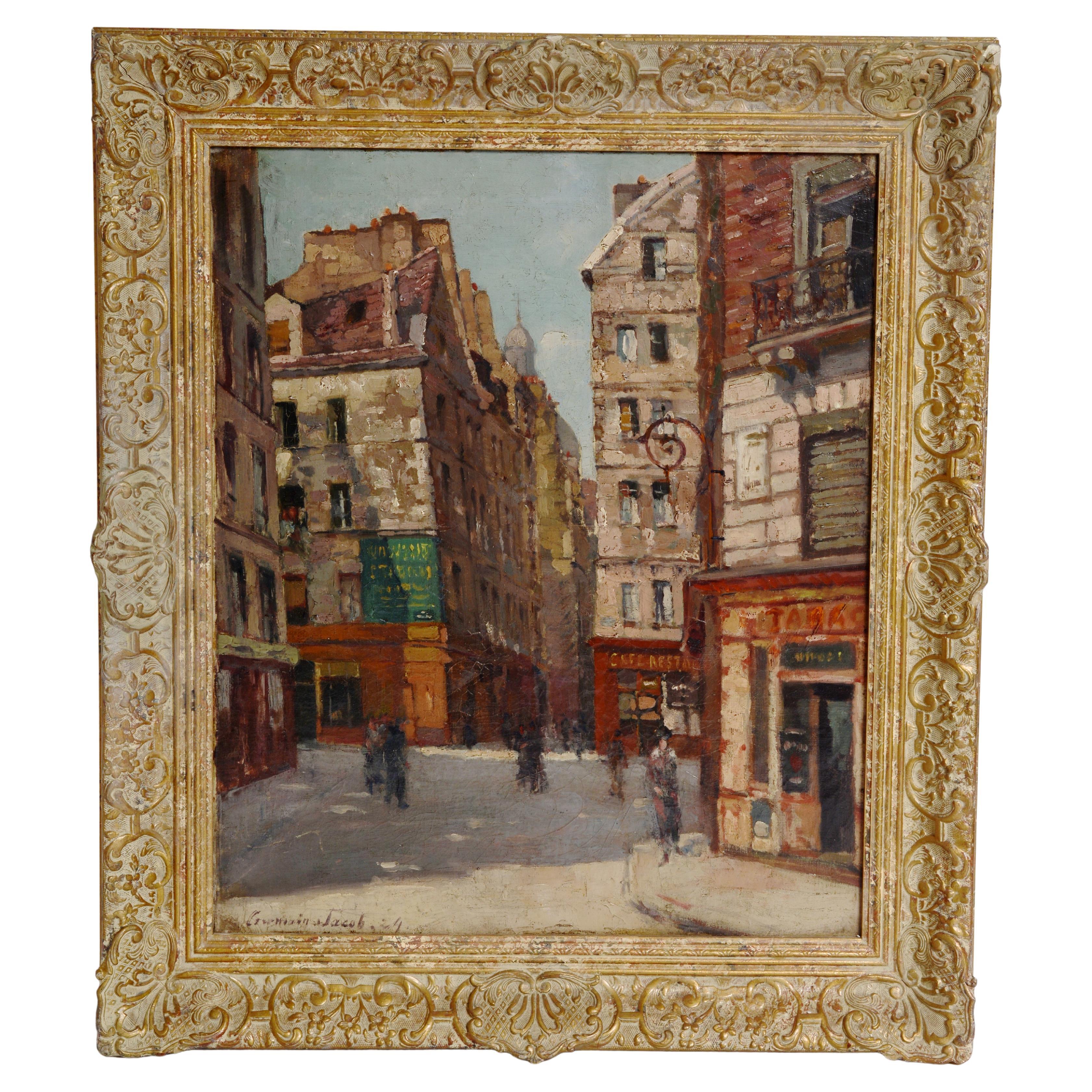 Framed Oil on Canvas "A Street in Montmarte" by Jean Germain-Jacob  For Sale