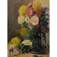Huile sur toile encadrée de M. I. One 'Nature morte aux chrysanthèmes' ~ 1944