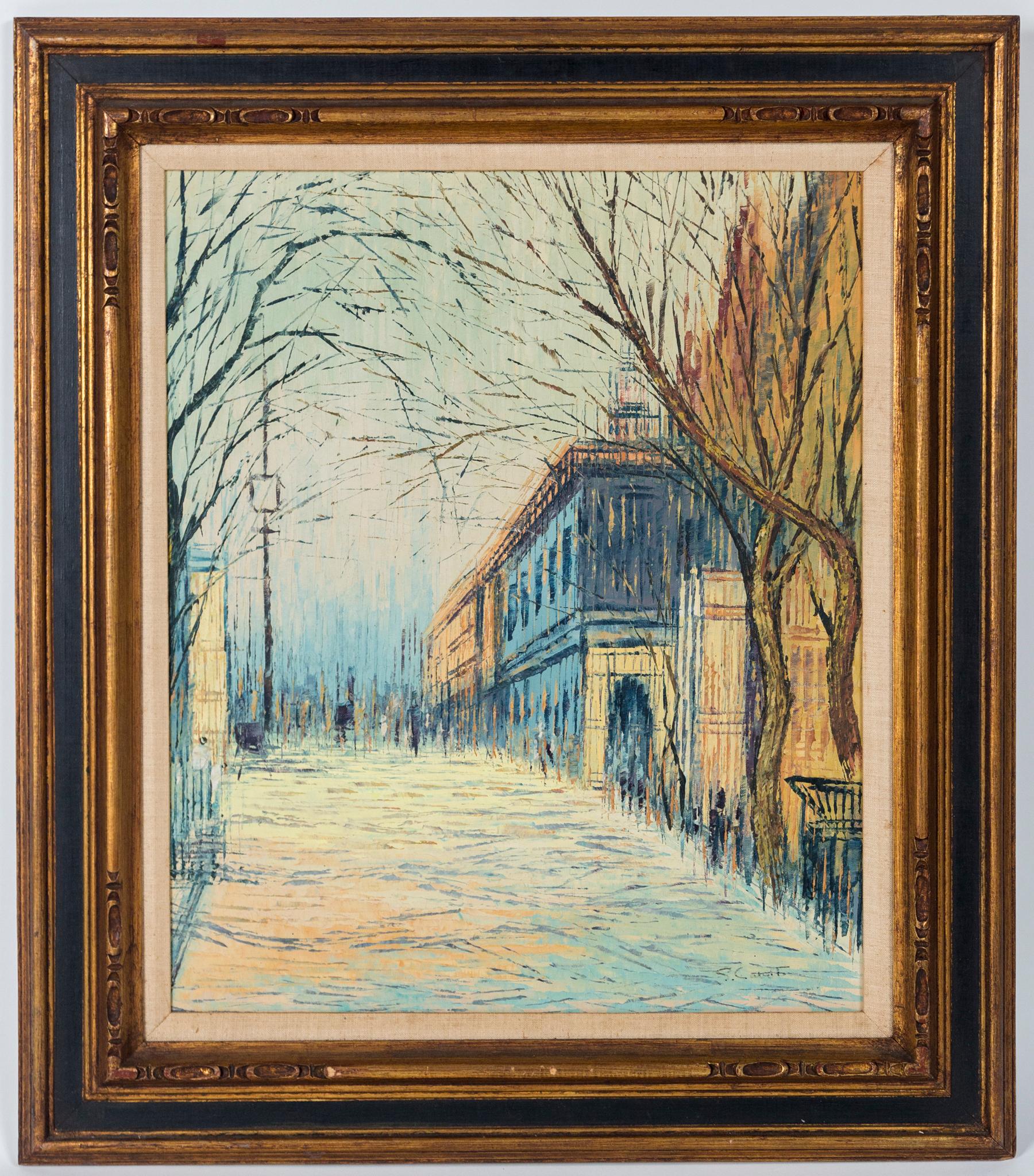 Framed oil on canvas, 'Cityscape', 20th Century. A streetscape rendered in an abstract style. Signed on lower right. Original carved, gilded frame with linen liner.
