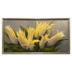 Olio su tela con cornice "Considera i gigli", scena floreale di Laurel Daniel