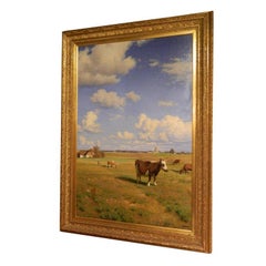 Antique Framed Oil on Canvas "Cows in a Pasture" by Ludvig Kabell