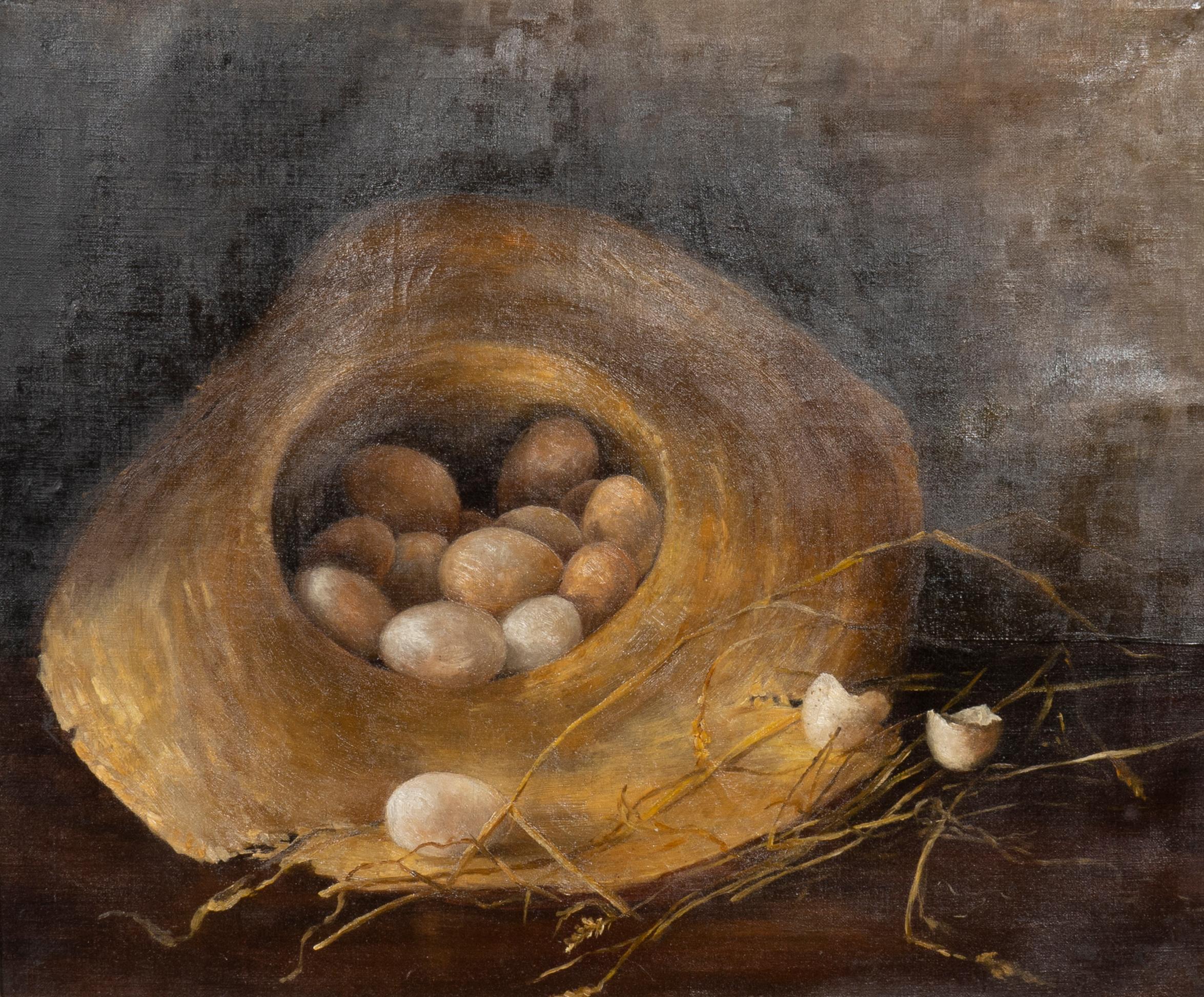 Charming painting of eggs in a straw hat. Nicely carved bleached pine frame.