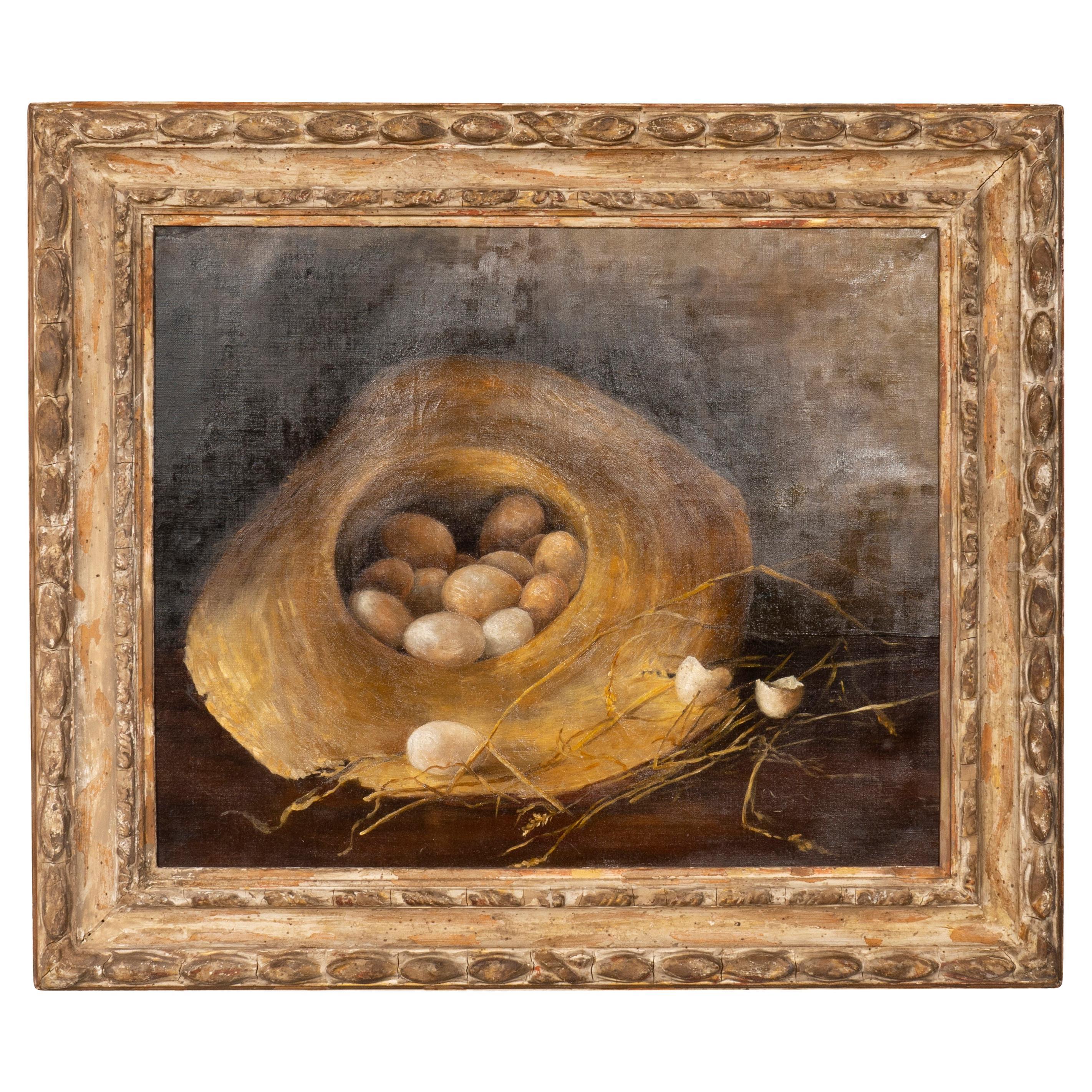  Framed Oil on Canvas "Eggs in a Straw Hat" For Sale