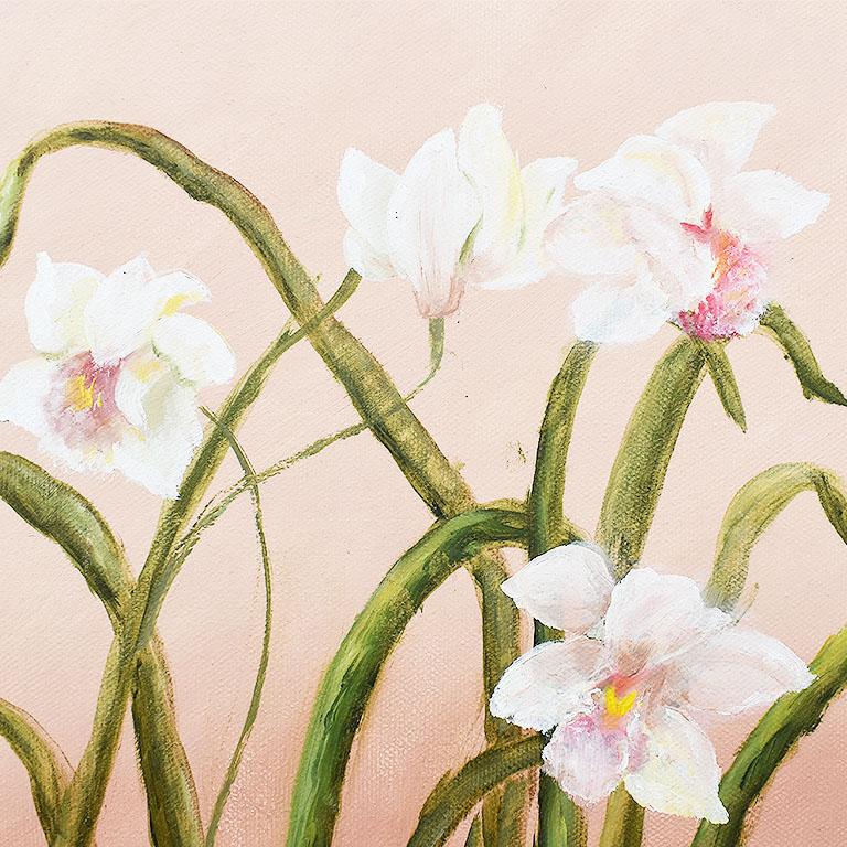 Framed Oil on Canvas Floral Orchid Painting on Pink Background by Elaine Park In Good Condition For Sale In Oklahoma City, OK