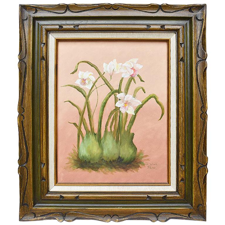 Framed Oil on Canvas Floral Orchid Painting on Pink Background by Elaine Park