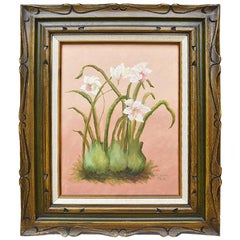 Olio su tela con cornice Dipinto di orchidee floreali su sfondo rosa di Elaine Park