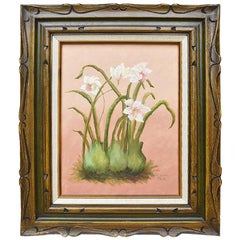 Vintage Framed Oil on Canvas Floral Orchid Painting on Pink Background by Elaine Park