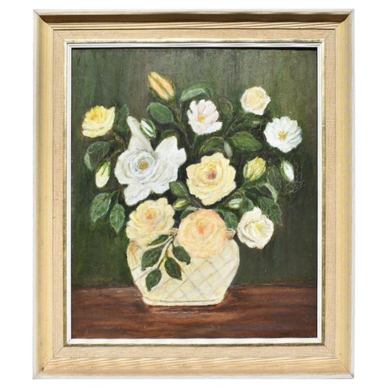 Framed Oil on Canvas Floral Portrait Painting of Roses in Green, White and Pink For Sale