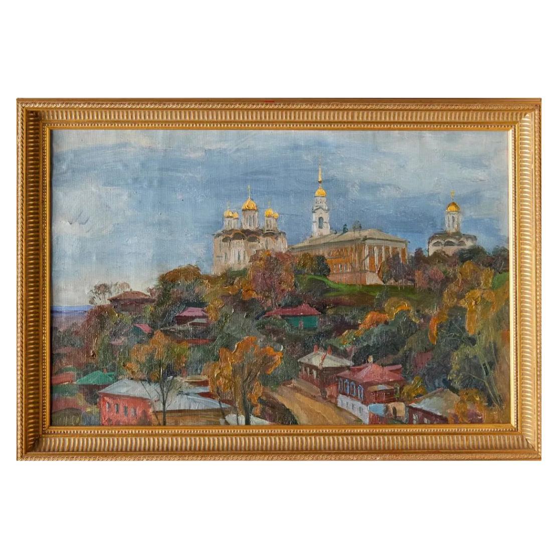 Huile sur toile encadrée vue du sommet de la colline en Russie