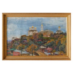 Huile sur toile encadrée vue du sommet de la colline en Russie
