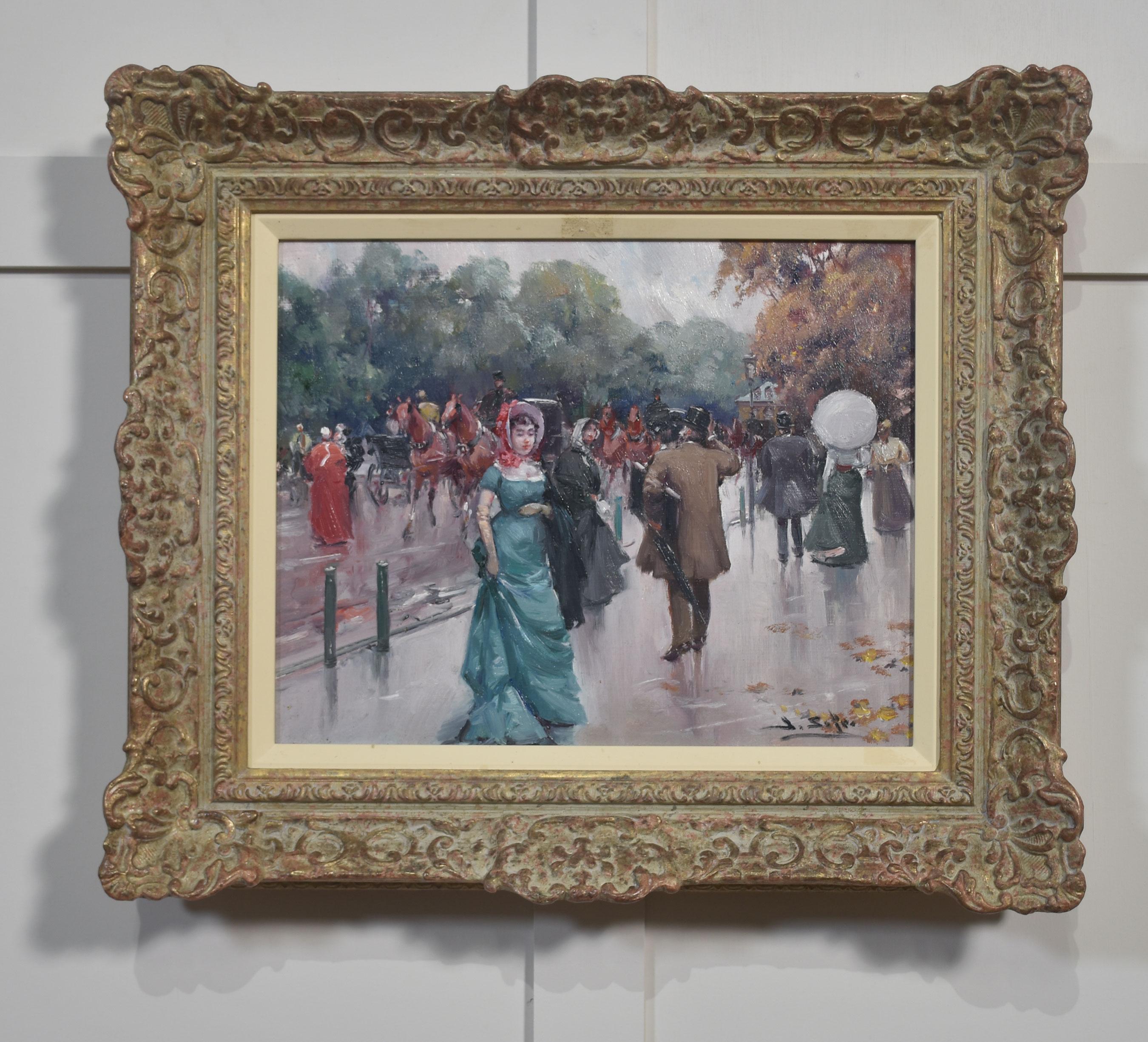 A charming street scene by Juan Soler, depicting elegantly dressed figures strolling along a rain-soaked promenade with horse-drawn carriages in the background. Rich in colour and atmosphere, Soler’s expressive brushwork captures the grace and