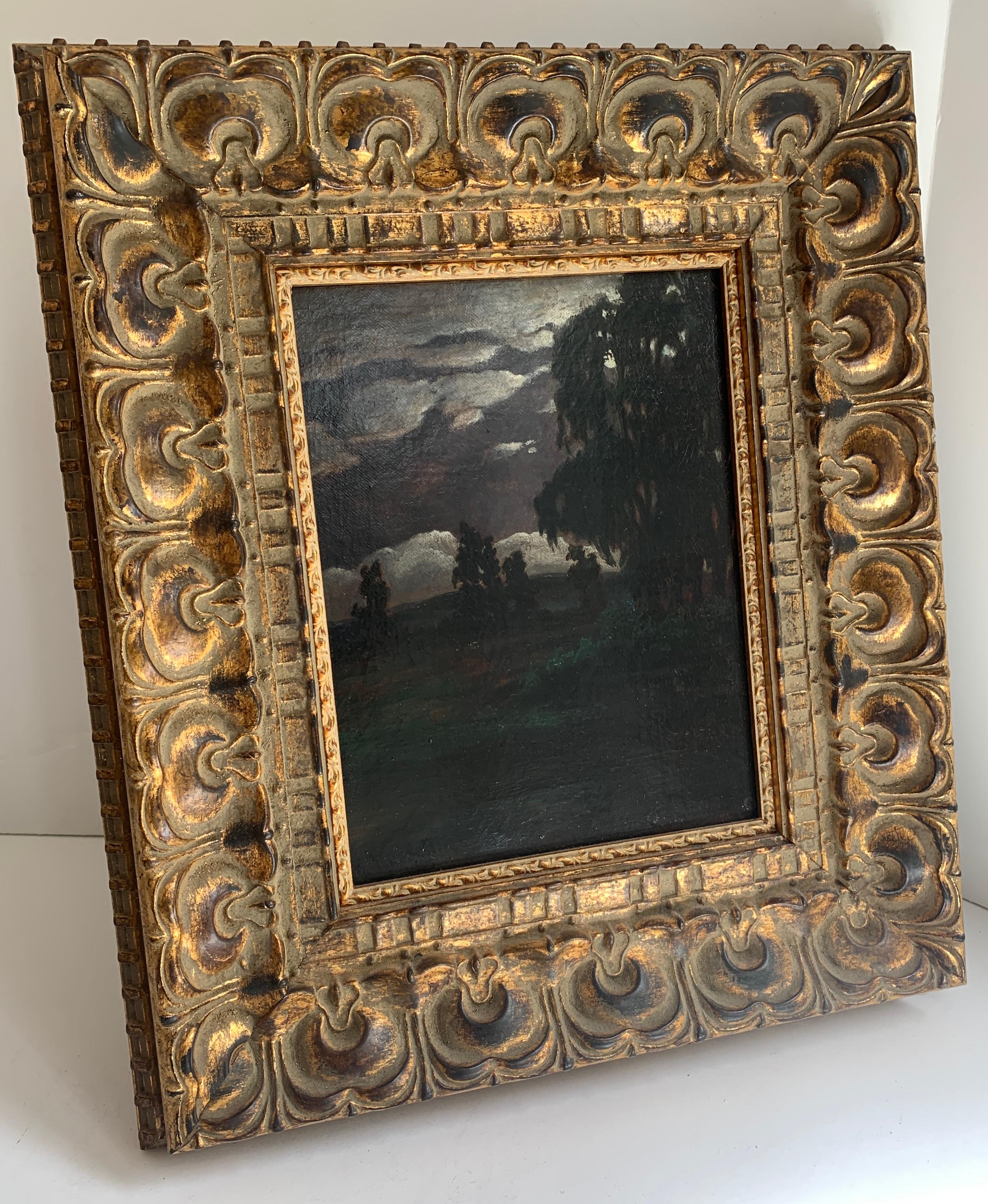 Oil on canvas dark landscape by R. Russell, dated 1915. A wonderfully moody painting of a landscape with sky.

The darkness can be altered by the amount of light that enters the room, however, in our gallery the painting is very dark, leaving the