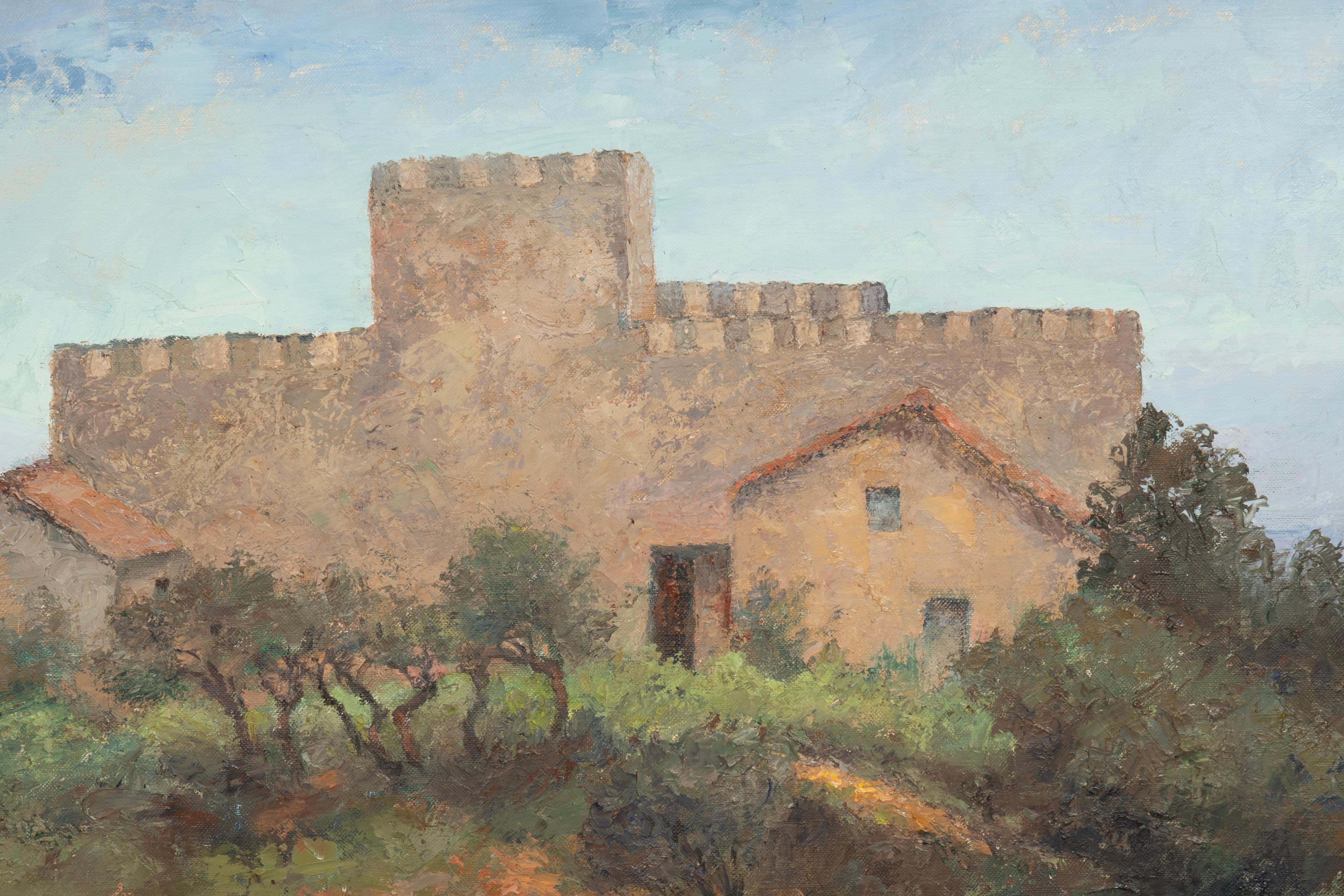 With a nicely carved pine frame. The canvas featuring a view of Chateau de Savinac in Bordeaux, France.