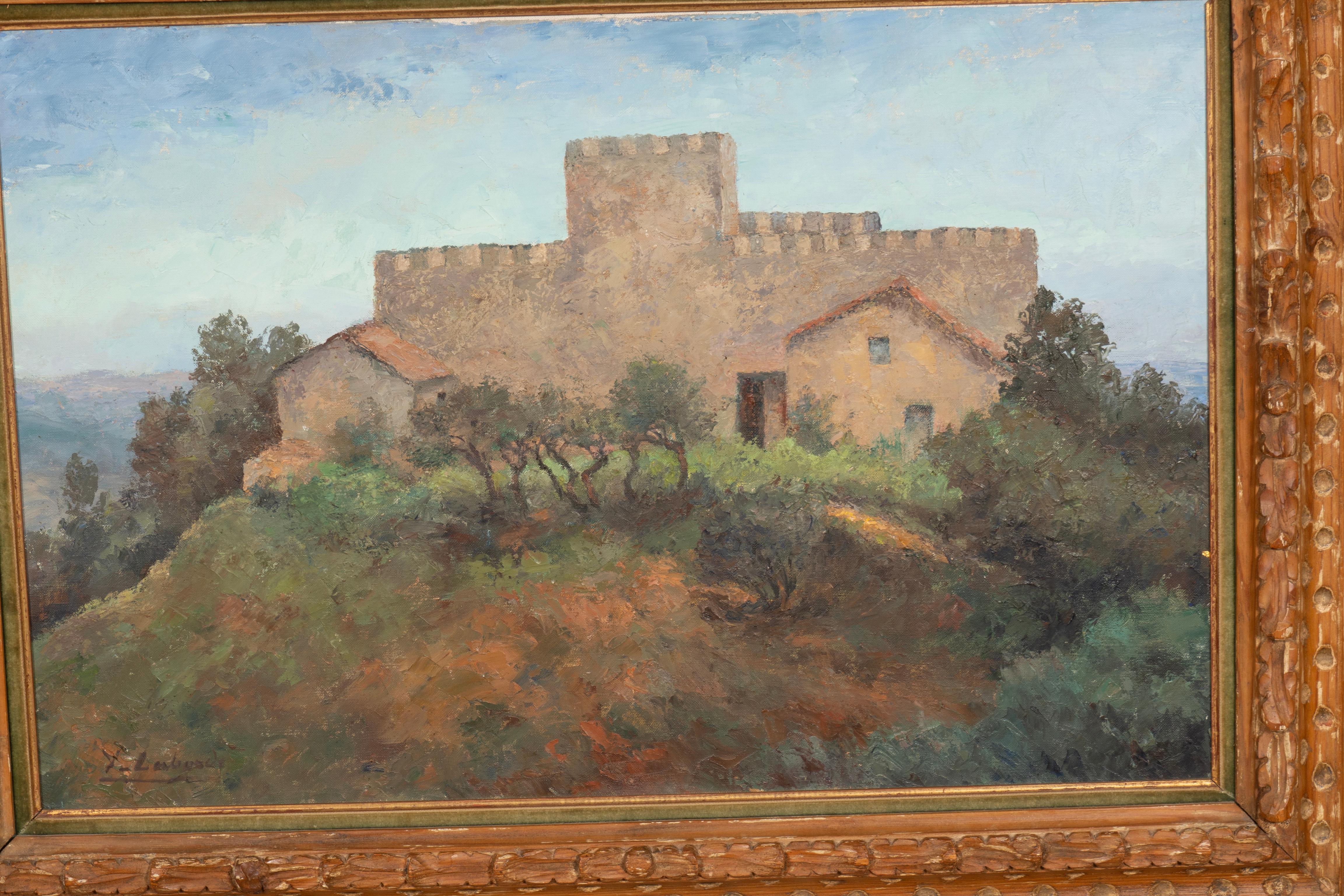 Framed Oil On Canvas Of Chateau de Savinac By Yvonne Laborde Germani In Good Condition For Sale In Essex, MA